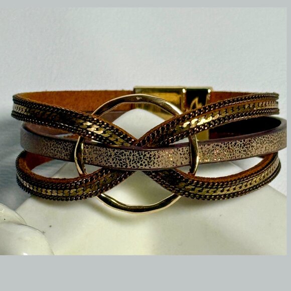 Leather & Gold Magnetic Bracelet | Multi-Strand Wrap | 8" Chic Boho Style - Picture 6 of 6
